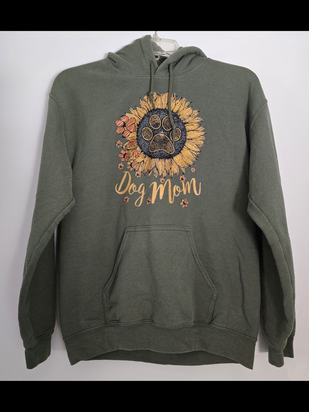 Women's Green Pullover Hoodie Dog Mom Sunflower Graphic Pockets Size S